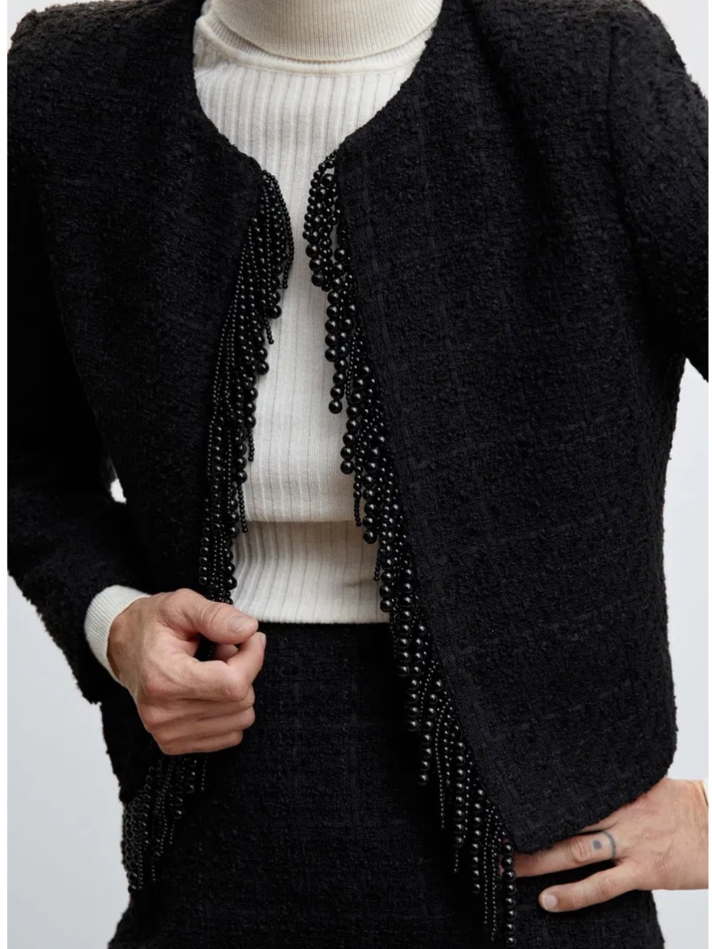 MNG Mango Black Tweed Boucle Beaded Jacket Womens Size Large Open Suit Blazer